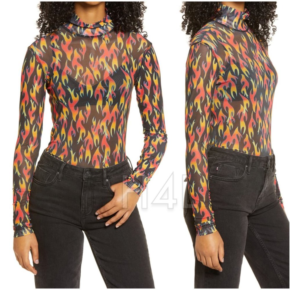NWT 90s Flames Mesh Turtleneck Top